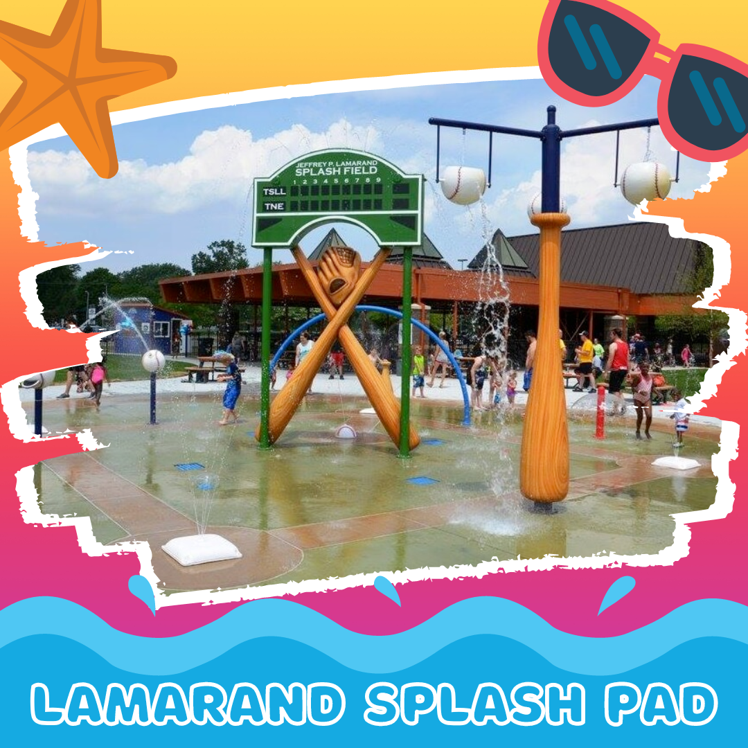 Image of the baseball themed Lamarand Splash Pad within Heritage Park.