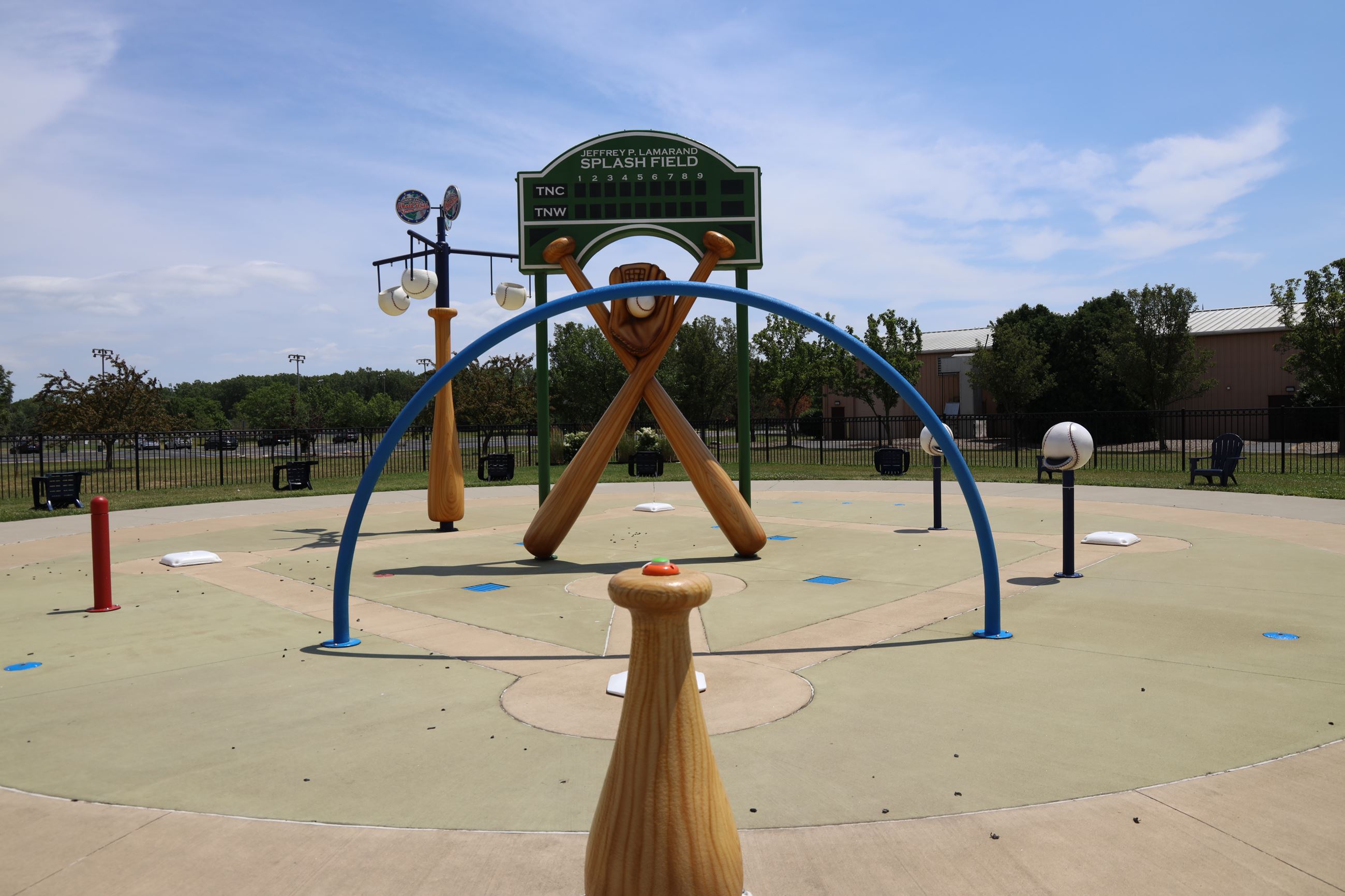 Close up of the front of the Lamarand Baseball themed Splash Pad.
