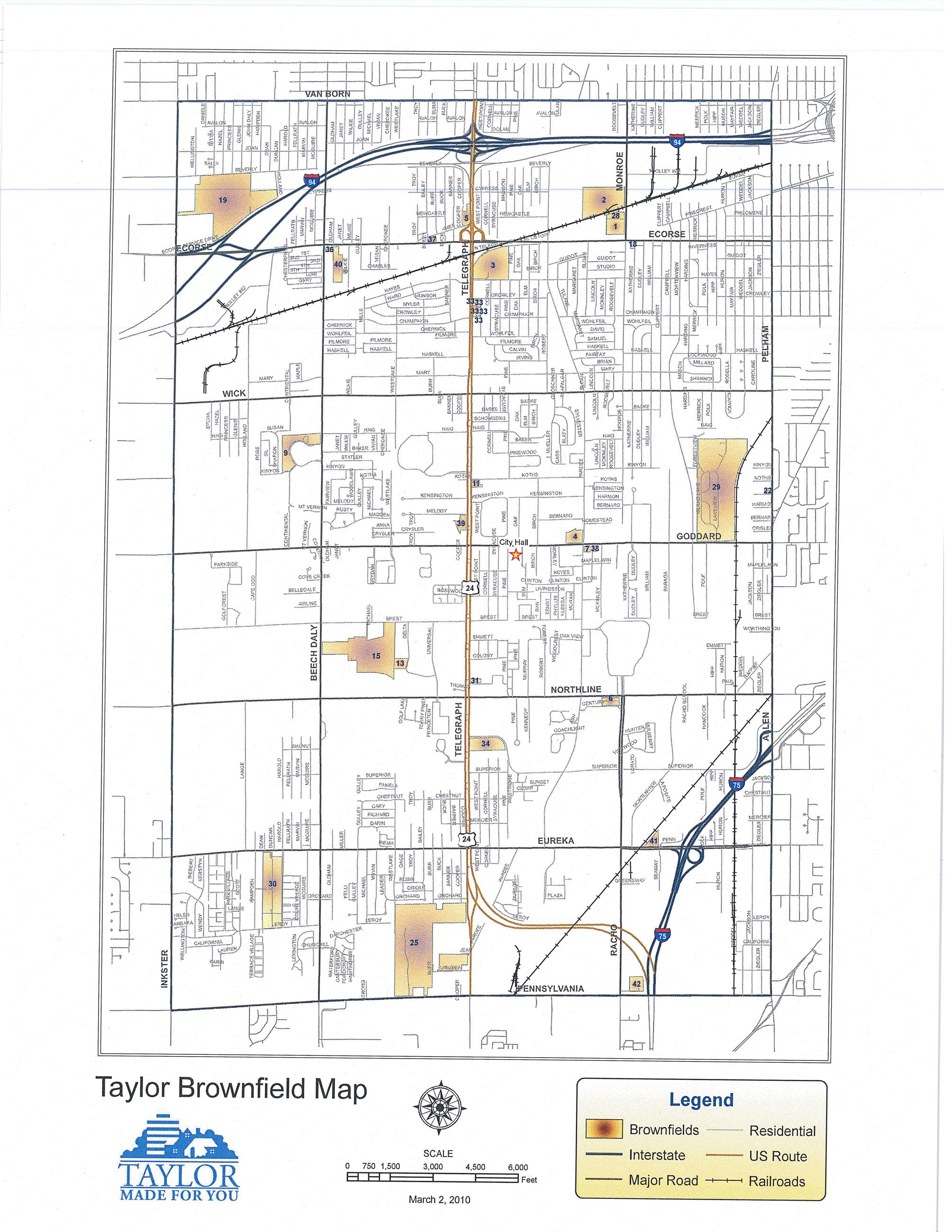 Map of Taylor, Michigan showing brownfield redevelopment locations with shaded highlight zones.