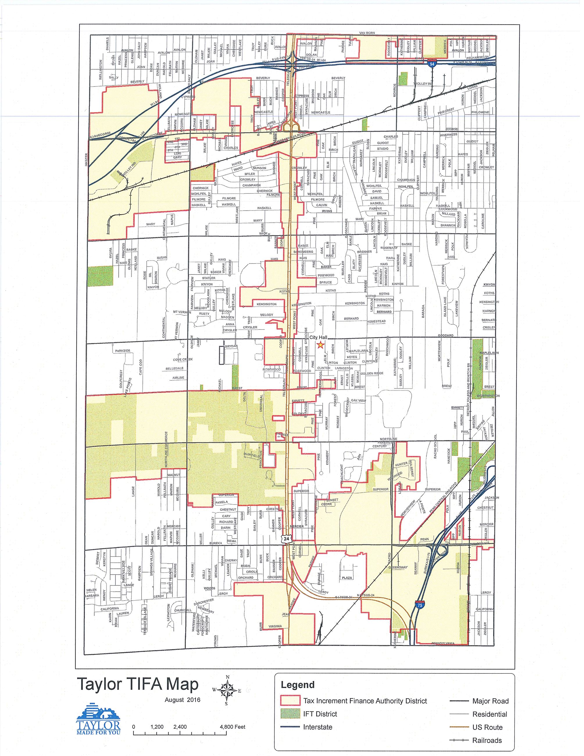 Map of Taylor, Michigan showing Tax Increment Finance Authority district boundaries, roads, and zone
