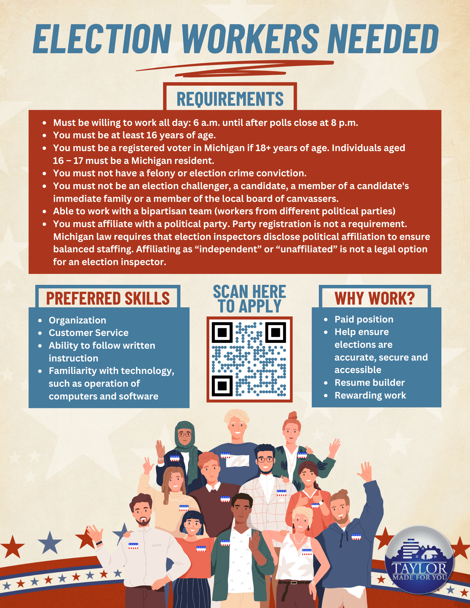Poster recruiting election workers in Taylor, Michigan with requirements, preferred skills, QR code 