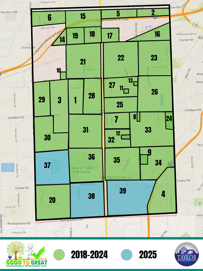 Color-coded map of Taylor, Michigan showing Good to Great Neighborhood Program areas numbered 1–39