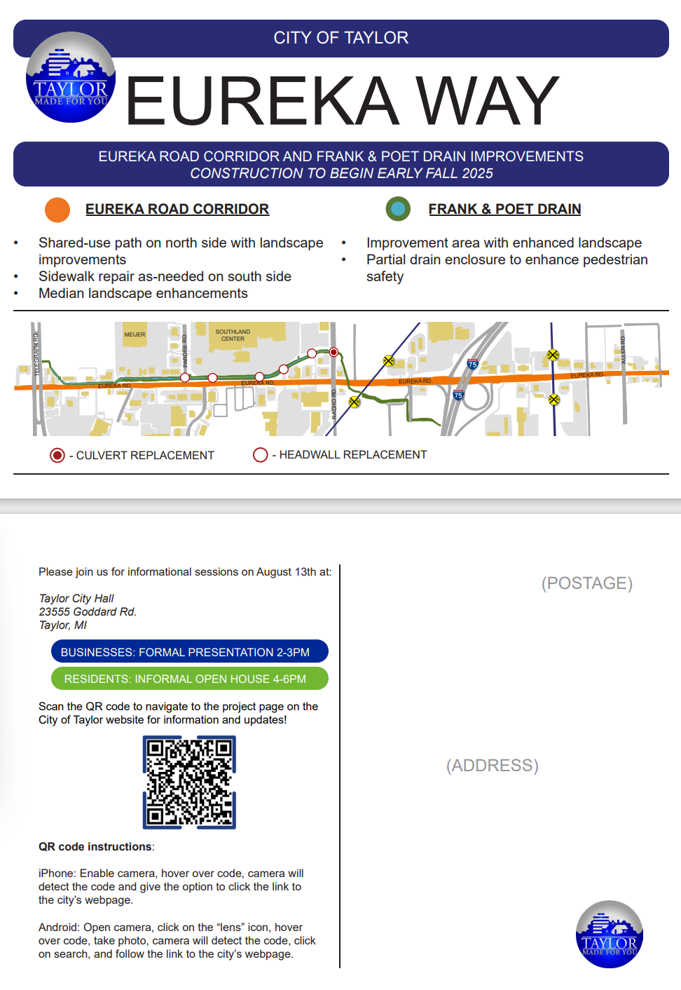 City of Taylor notice about upcoming Eureka Way Road and drainage improvements with map, / meetings