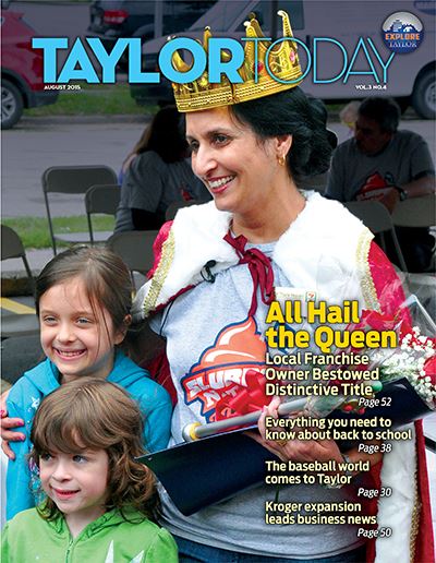 Cover of the August 2015 Taylor Today Magazine -pens the digital magazine.