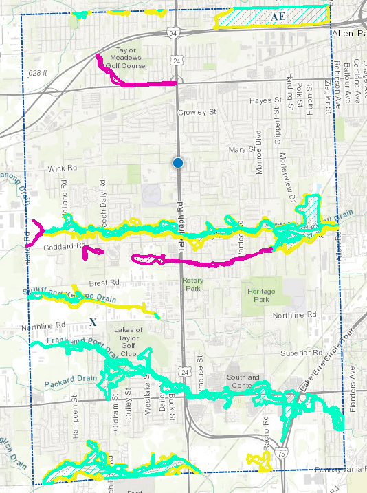 Map of Taylor, Michigan showing highlighted drainage lines, waterways, and flood-related zones