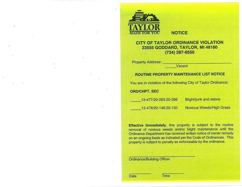 City of Taylor ordinance violation notice listing property maintenance violations 