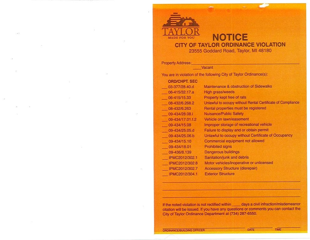 City of Taylor ordinance violation notice listing multiple code infractions
